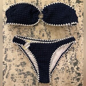 Navy Textured Bikini Set with White Trim